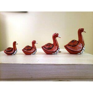 Mexican Hand-Painted Wooden Duck / Swans Figurine Set of 4 Rustic Folk Art Décor